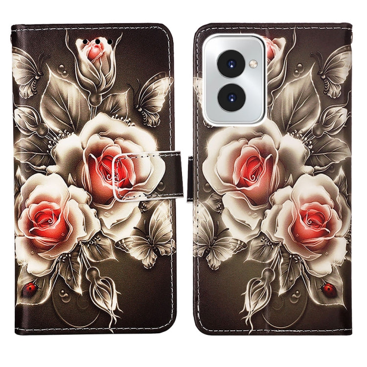 For Motorola Moto G Power 5G 2024 Colored Drawing Pattern Plain Weave Leather Phone Case(Roses On Black) - Motorola Cases by buy2fix | Online Shopping UK | buy2fix