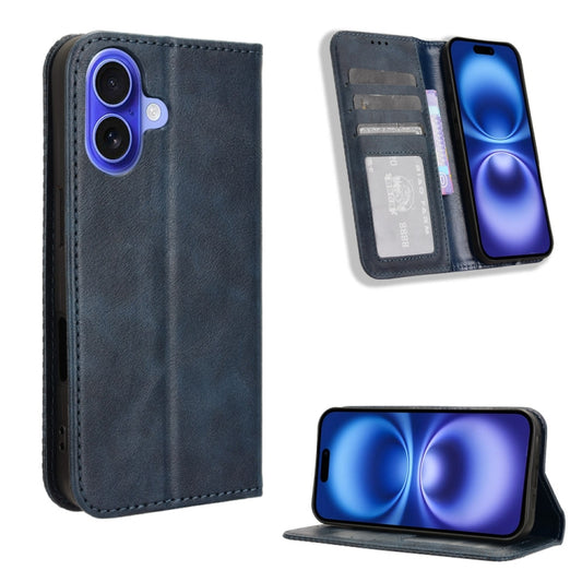 For iPhone 16 Plus Magnetic Buckle Retro Texture Leather Phone Case(Blue) - iPhone 16 Plus Cases by buy2fix | Online Shopping UK | buy2fix