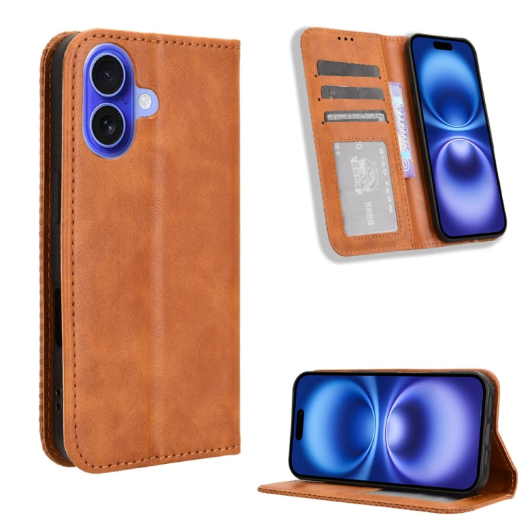 For iPhone 16 Plus Magnetic Buckle Retro Texture Leather Phone Case(Brown) - iPhone 16 Plus Cases by buy2fix | Online Shopping UK | buy2fix