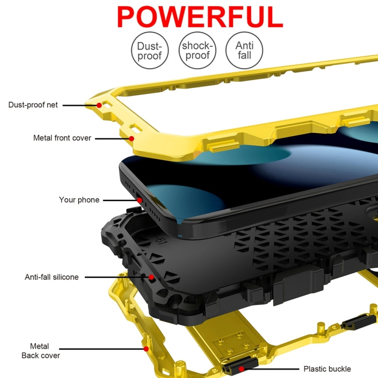 For iPhone 15 R-JUST Metal + Silicone + Tempered Glass Life Waterproof Phone Case with Holder(Yellow) - iPhone 15 Cases by R-JUST | Online Shopping UK | buy2fix