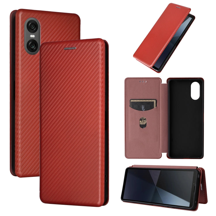 For Sony Xperia 10 VI 2024 Carbon Fiber Texture Flip Leather Phone Case(Brown) - Sony Cases by buy2fix | Online Shopping UK | buy2fix