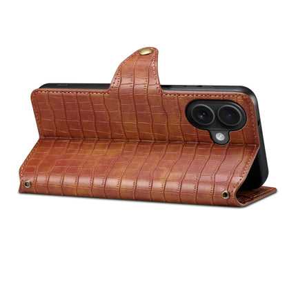 For iPhone 16 Denior Crocodile Texture Oil Edge Leather Phone Case(Brown) - iPhone 16 Cases by Denior | Online Shopping UK | buy2fix