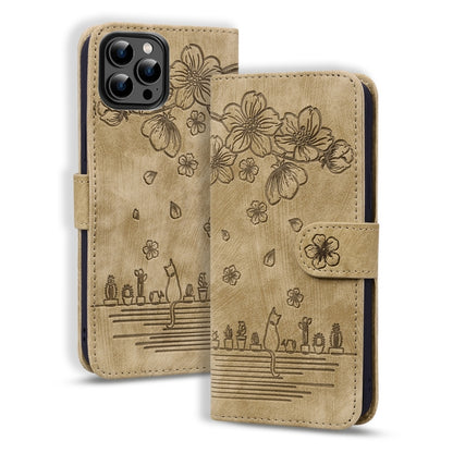 For iPhone 16 Pro Max Cartoon Sakura Cat Embossed Leather Phone Case(Brown) - iPhone 16 Pro Max Cases by buy2fix | Online Shopping UK | buy2fix