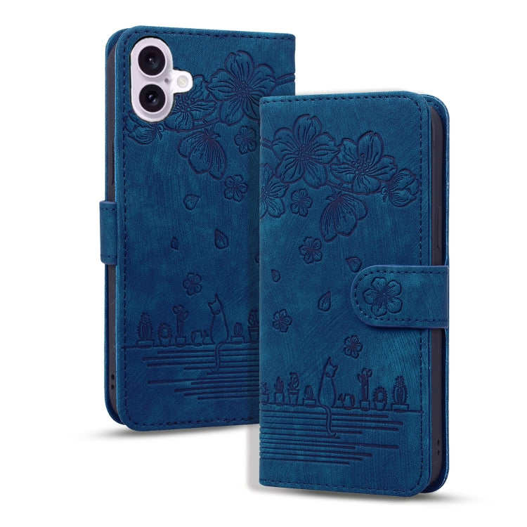 For iPhone 16 Cartoon Sakura Cat Embossed Leather Phone Case(Royal Blue) - iPhone 16 Cases by buy2fix | Online Shopping UK | buy2fix