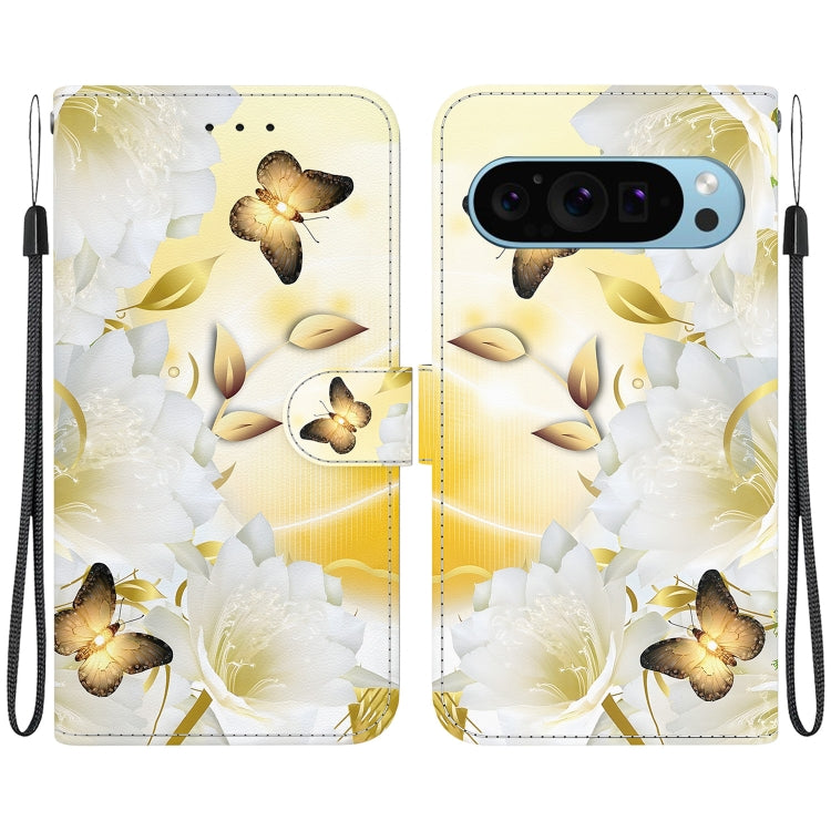 For Google Pixel 9 Pro Crystal Texture Colored Drawing Leather Phone Case(Gold Butterfly Epiphyllum) - Google Cases by buy2fix | Online Shopping UK | buy2fix