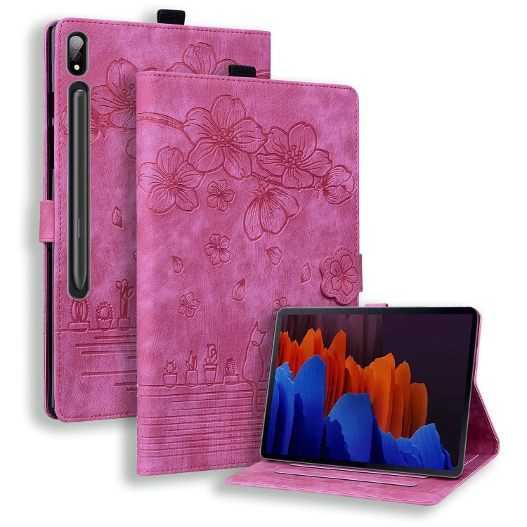 For Samsung Galaxy Tab S9+ /S8+ /S7+ Cartoon Sakura Cat Embossed Smart Leather Tablet Case(Rose Red) - Galaxy Tab S9+ Cases by buy2fix | Online Shopping UK | buy2fix