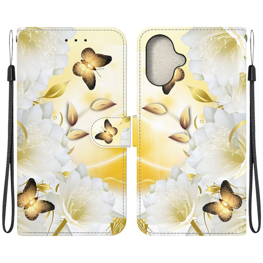 For iPhone 16 Crystal Texture Colored Drawing Leather Phone Case(Gold Butterfly Epiphyllum) - iPhone 16 Cases by buy2fix | Online Shopping UK | buy2fix