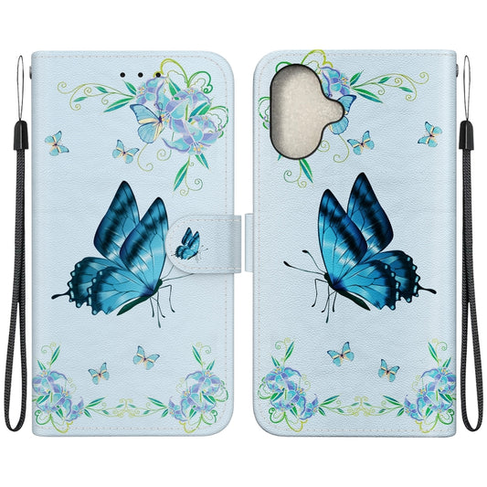 For iPhone 16 Plus Crystal Texture Colored Drawing Leather Phone Case(Blue Pansies) - iPhone 16 Plus Cases by buy2fix | Online Shopping UK | buy2fix