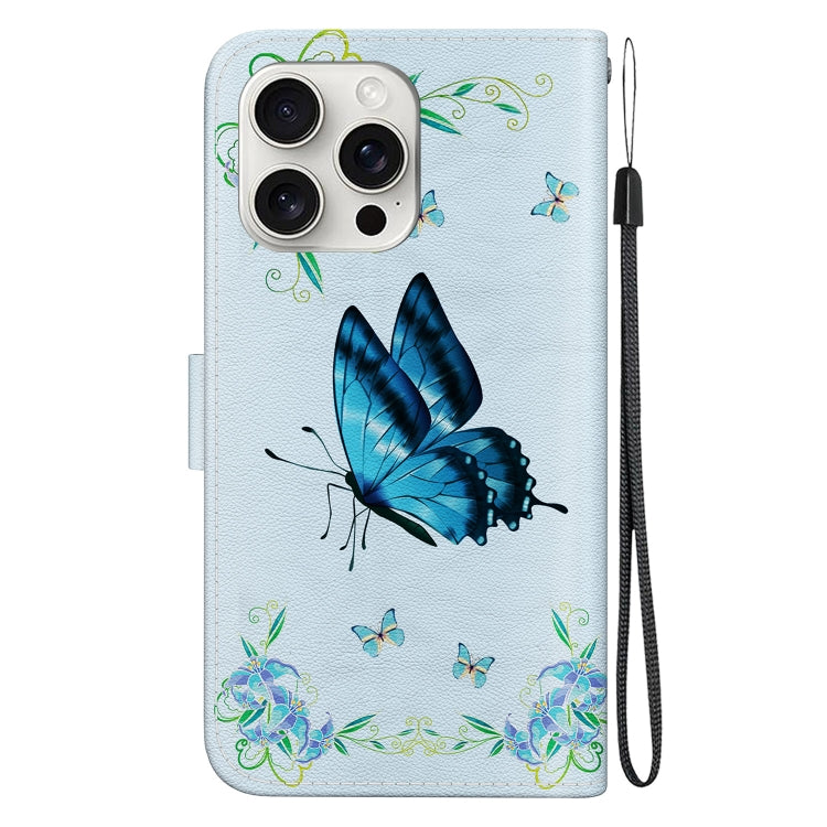 For iPhone 16 Pro Max Crystal Texture Colored Drawing Leather Phone Case(Blue Pansies) - iPhone 16 Pro Max Cases by buy2fix | Online Shopping UK | buy2fix