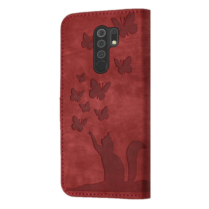 For Xiaomi Redmi 9 Butterfly Cat Embossing Flip Leather Phone Case(Red) - Xiaomi Cases by buy2fix | Online Shopping UK | buy2fix