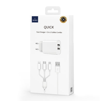 WIWU Wi-U003 Quick Series Dual USB Charger with 3 in 1 USB Charging Data Cable Set, EU Plug(White) - USB Charger by WIWU | Online Shopping UK | buy2fix