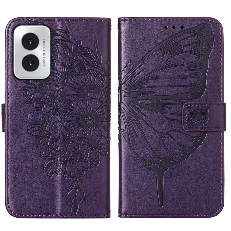 For Motorola Moto G Play 4G 2024 Embossed Butterfly Leather Phone Case(Dark Purple) - Motorola Cases by buy2fix | Online Shopping UK | buy2fix