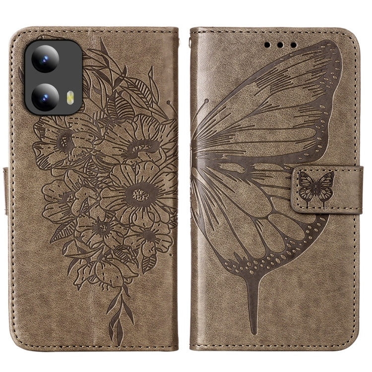 For Motorola Moto G Play 5G 2024 Embossed Butterfly Leather Phone Case(Grey) - Motorola Cases by buy2fix | Online Shopping UK | buy2fix