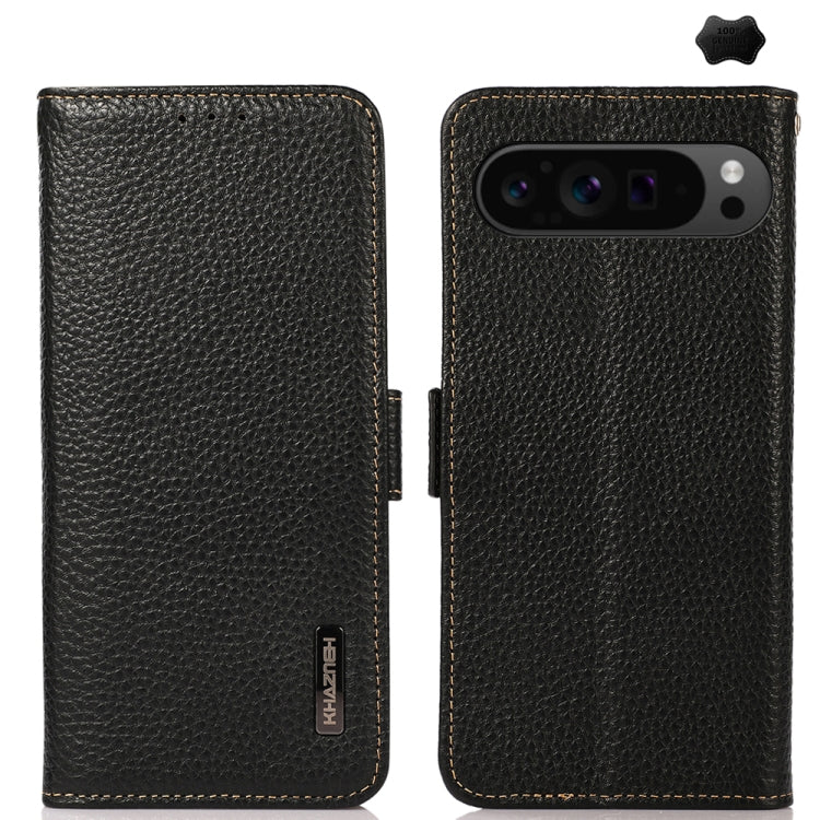 For Google Pixel 9 Pro KHAZNEH Side-Magnetic Litchi Genuine Leather RFID Phone Case(Black) - Google Cases by buy2fix | Online Shopping UK | buy2fix