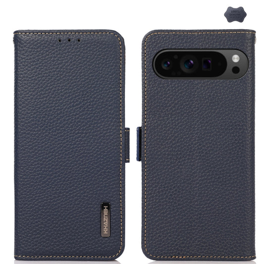 For Google Pixel 9 Pro KHAZNEH Side-Magnetic Litchi Genuine Leather RFID Phone Case(Blue) - Google Cases by buy2fix | Online Shopping UK | buy2fix