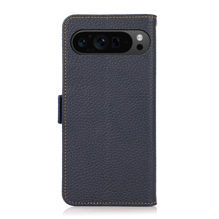 For Google Pixel 9 Pro KHAZNEH Side-Magnetic Litchi Genuine Leather RFID Phone Case(Blue) - Google Cases by buy2fix | Online Shopping UK | buy2fix