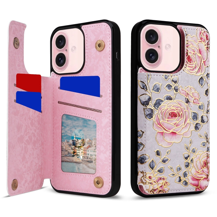 For iPhone 16 Printed Double Buckle RFID Anti-theft Phone Case(Pastoral Rose) - iPhone 16 Cases by buy2fix | Online Shopping UK | buy2fix