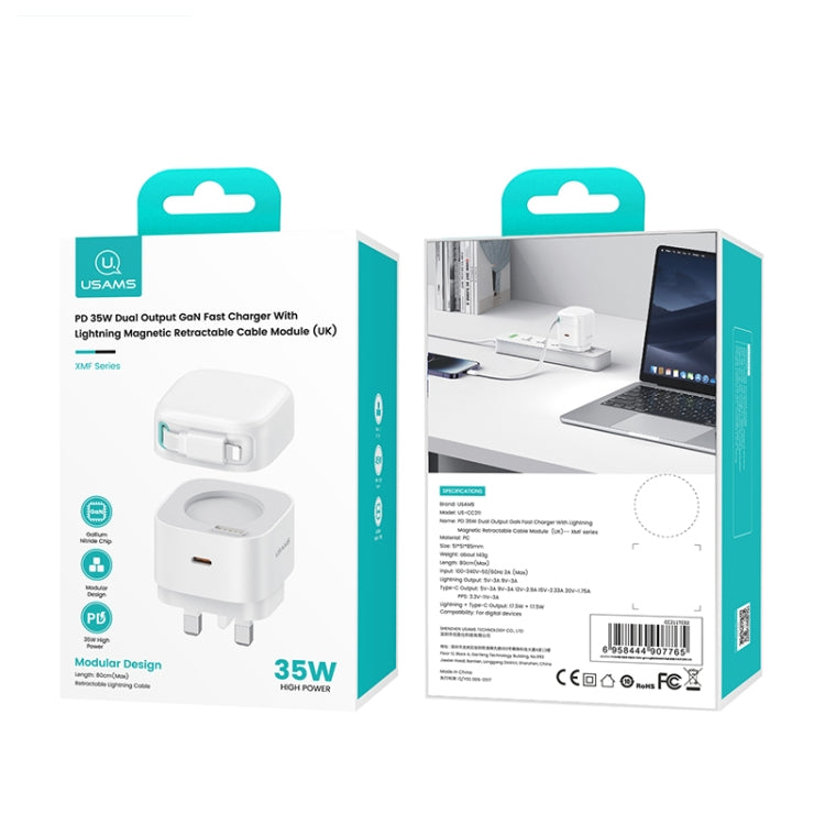 USAMS US-CC211 SMF Series PD35W 8 Pin + Type-C Dual Port GaN Fast Charger, UK Plug(White) - USB Charger by USAMS | Online Shopping UK | buy2fix