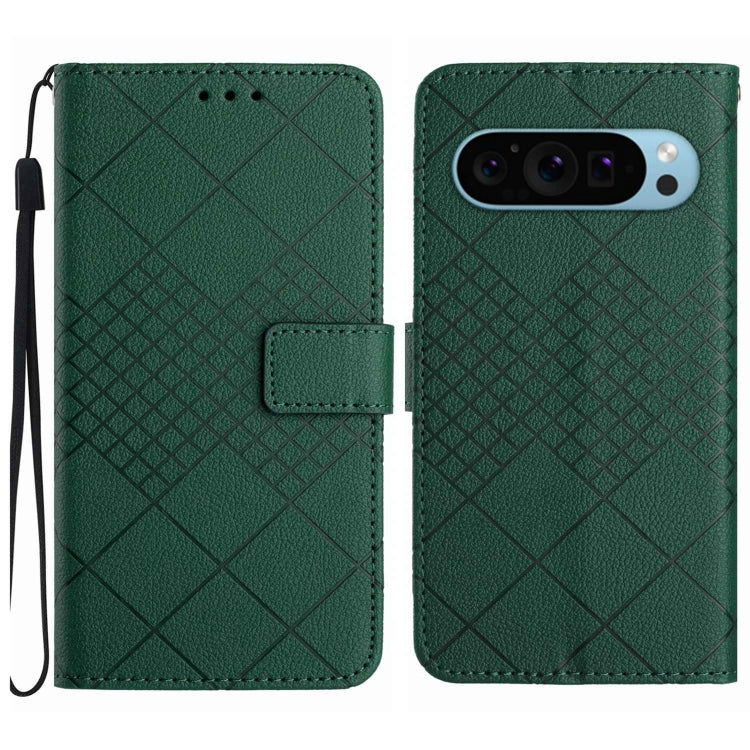 For Google Pixel 9 Pro XL Rhombic Grid Texture Leather Phone Case(Green) - Google Cases by buy2fix | Online Shopping UK | buy2fix