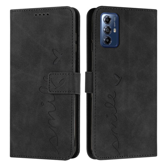 For Motorola Moto G Play 2024 Skin Feel Heart Embossed Leather Phone Case with Long Lanyard(Black) - Motorola Cases by buy2fix | Online Shopping UK | buy2fix