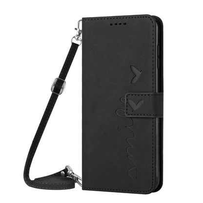 For Motorola Moto G Stylus 5G 2024 Skin Feel Heart Embossed Leather Phone Case with Long Lanyard(Black) - Motorola Cases by buy2fix | Online Shopping UK | buy2fix