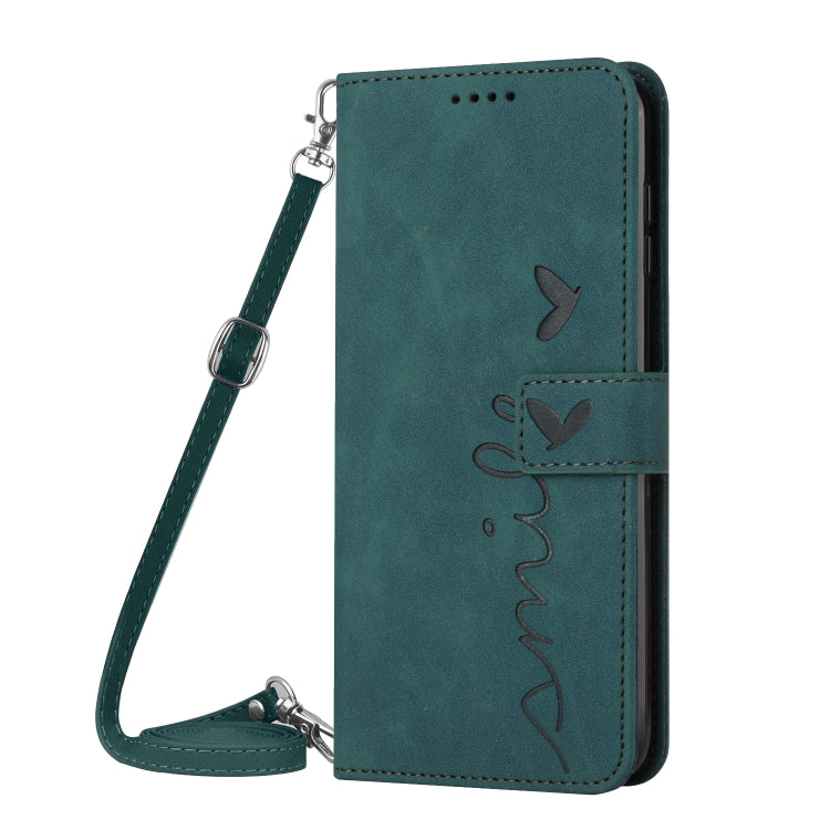 For OPPO A60 4G Skin Feel Heart Embossed Leather Phone Case with Long Lanyard(Green) - OPPO Cases by buy2fix | Online Shopping UK | buy2fix