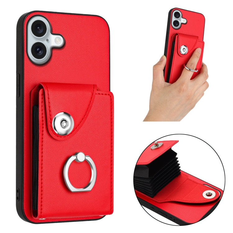 For iPhone 16 Plus Organ Card Bag Ring Holder Phone Case(Red) - iPhone 16 Plus Cases by buy2fix | Online Shopping UK | buy2fix