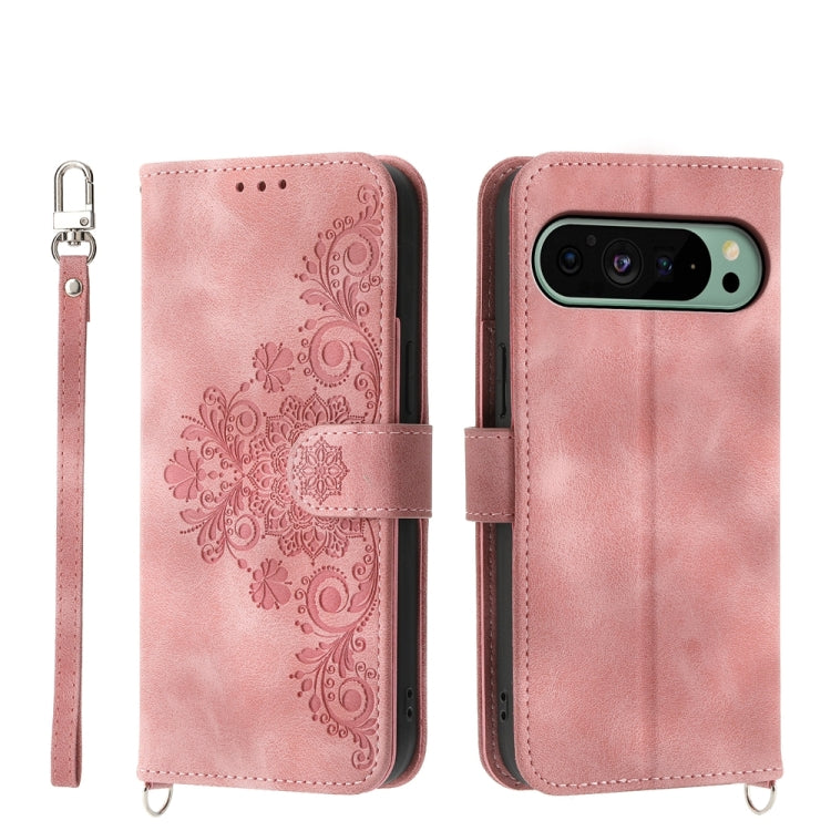 For Google Pixel 9 Skin-feel Flowers Embossed Wallet Leather Phone Case(Pink) - Google Cases by buy2fix | Online Shopping UK | buy2fix