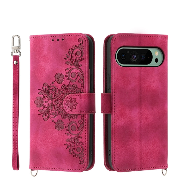 For Google Pixel 9 Skin-feel Flowers Embossed Wallet Leather Phone Case(Wine Red) - Google Cases by buy2fix | Online Shopping UK | buy2fix