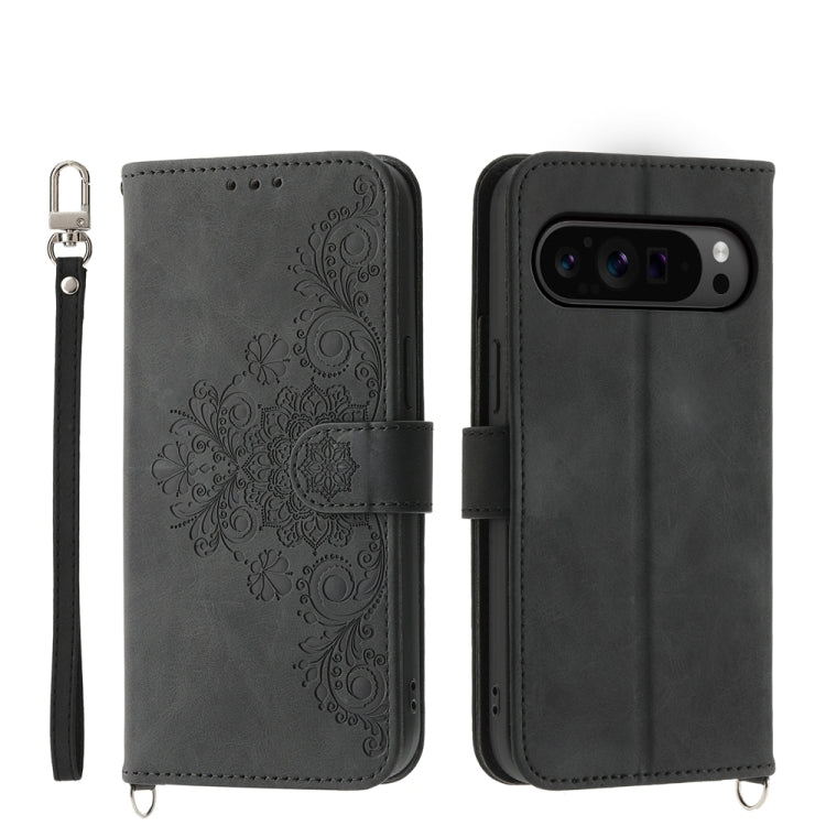 For Google Pixel 9 Pro Skin-feel Flowers Embossed Wallet Leather Phone Case(Black) - Google Cases by buy2fix | Online Shopping UK | buy2fix