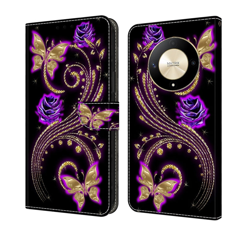 For Honor Magic6 Lite Crystal 3D Shockproof Protective Leather Phone Case(Purple Flower Butterfly) - Honor Cases by buy2fix | Online Shopping UK | buy2fix