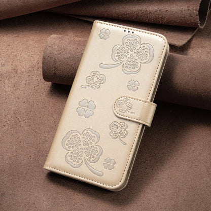 For iPhone 16 Pro Four-leaf Embossed Leather Phone Case(Gold) - iPhone 16 Pro Cases by buy2fix | Online Shopping UK | buy2fix