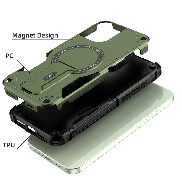 For iPhone 16 Plus Armor Magsafe Holder PC Hybrid TPU Phone Case(Army Green) - iPhone 16 Plus Cases by buy2fix | Online Shopping UK | buy2fix