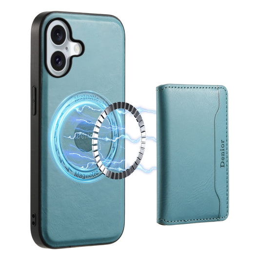 For iPhone 16 Plus Denior Cowhide Texture Leather MagSafe Detachable Wallet Phone Case(Blue) - iPhone 16 Plus Cases by Denior | Online Shopping UK | buy2fix