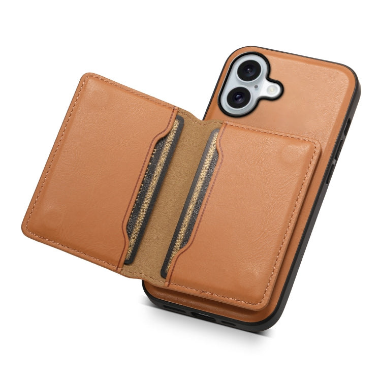 For iPhone 16 Plus Denior Cowhide Texture Leather MagSafe Detachable Wallet Phone Case(Khaki) - iPhone 16 Plus Cases by Denior | Online Shopping UK | buy2fix