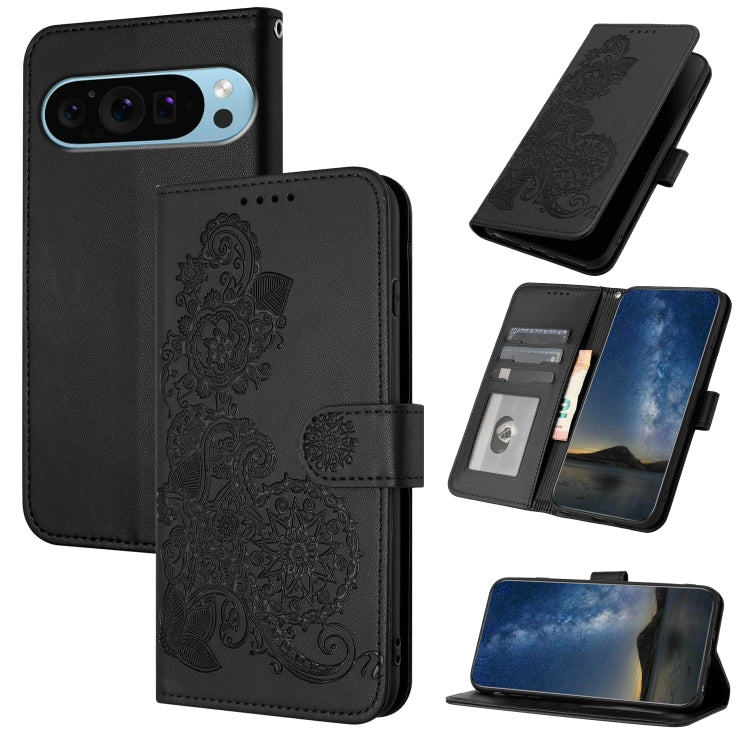 For Google Pixel 9 Datura Flower Embossed Flip Leather Phone Case(Black) - Google Cases by buy2fix | Online Shopping UK | buy2fix