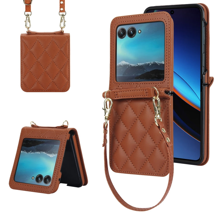 For Motorola Razr 40 Ultra Rhombic Texture Phone Case with Long & Short Lanyard(Brown) - Motorola Cases by buy2fix | Online Shopping UK | buy2fix