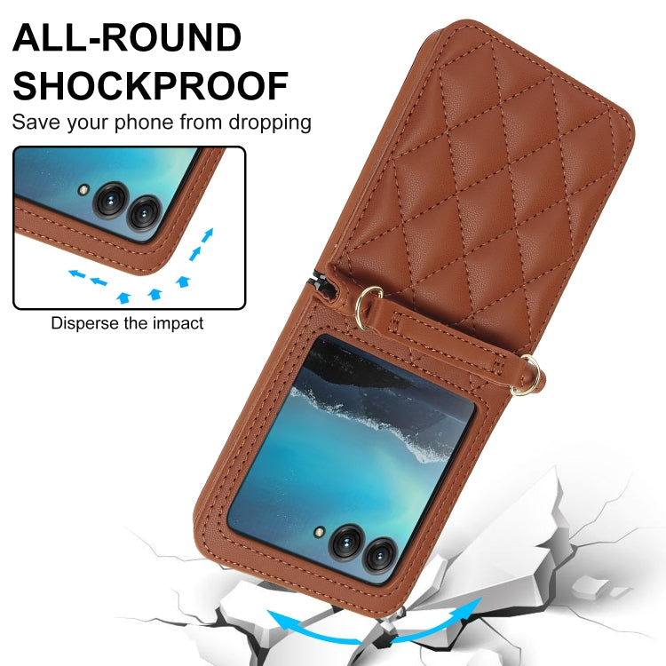 For Motorola Razr 40 Ultra Rhombic Texture Phone Case with Long & Short Lanyard(Brown) - Motorola Cases by buy2fix | Online Shopping UK | buy2fix