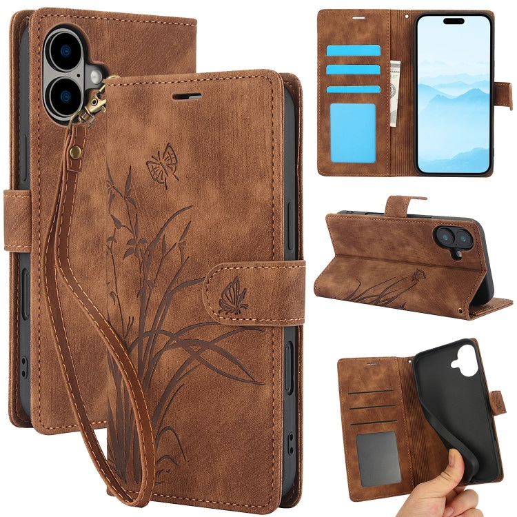 For iPhone 16 Orchid Butterfly Embossed Leather Phone Case(Brown) - iPhone 16 Cases by buy2fix | Online Shopping UK | buy2fix