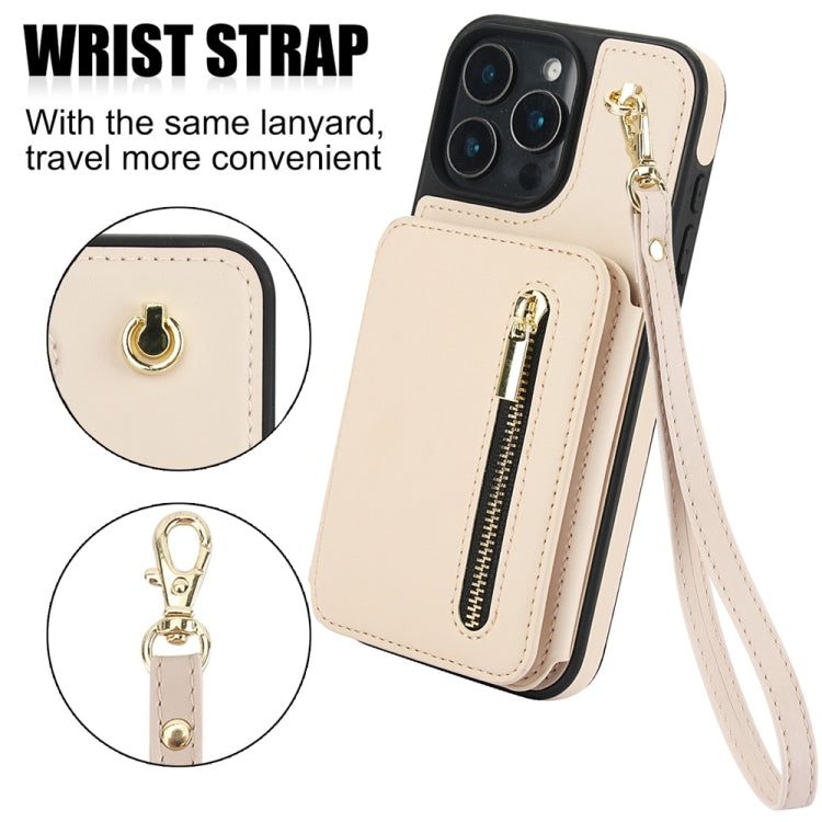 For iPhone 16 Pro YM006 Skin Feel Zipper Card Bag Phone Case with Dual Lanyard(Apricot) - iPhone 16 Pro Cases by buy2fix | Online Shopping UK | buy2fix