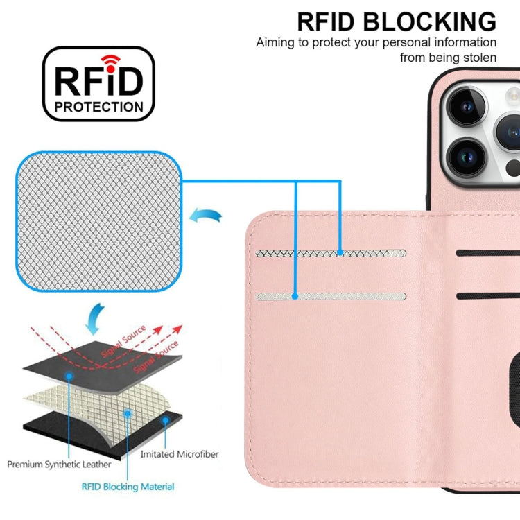 For iPhone 16 Pro Max Rhombic Texture Card Bag RFID Phone Case with Long Lanyard(Rose Gold) - iPhone 16 Pro Max Cases by buy2fix | Online Shopping UK | buy2fix