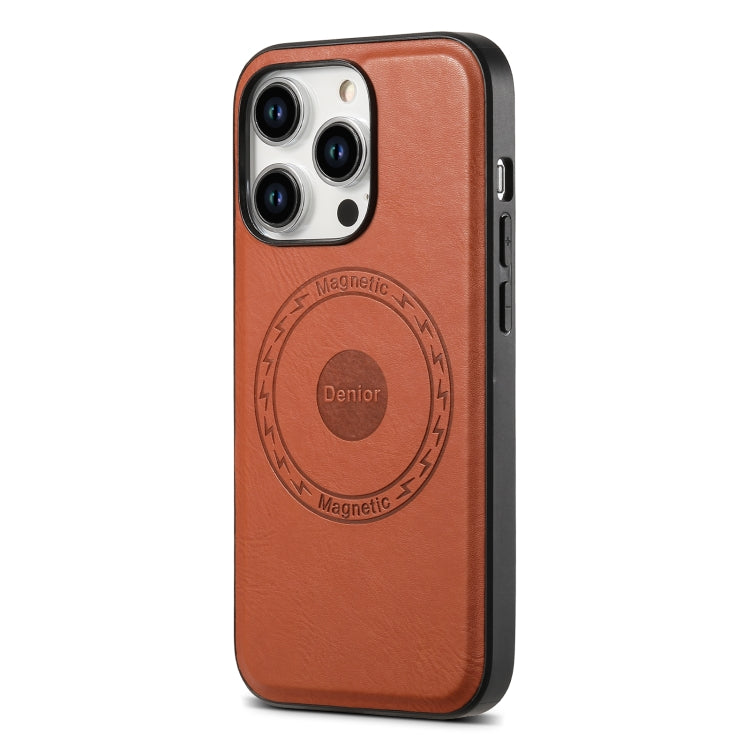 For iPhone 14 Pro Denior Cowhide Texture Leather MagSafe Phone Case(Brown) - iPhone 14 Pro Cases by Denior | Online Shopping UK | buy2fix