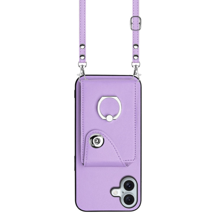 For iPhone 16 Plus Organ Card Bag Ring Holder Phone Case with Long Lanyard(Purple) - iPhone 16 Plus Cases by buy2fix | Online Shopping UK | buy2fix