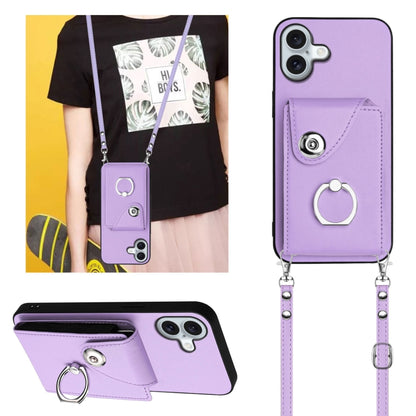 For iPhone 16 Plus Organ Card Bag Ring Holder Phone Case with Long Lanyard(Purple) - iPhone 16 Plus Cases by buy2fix | Online Shopping UK | buy2fix