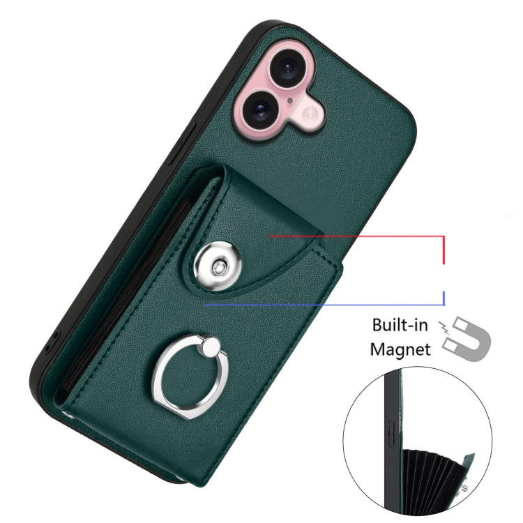 For iPhone 16 Organ Card Bag Ring Holder Phone Case with Long Lanyard(Green) - iPhone 16 Cases by buy2fix | Online Shopping UK | buy2fix