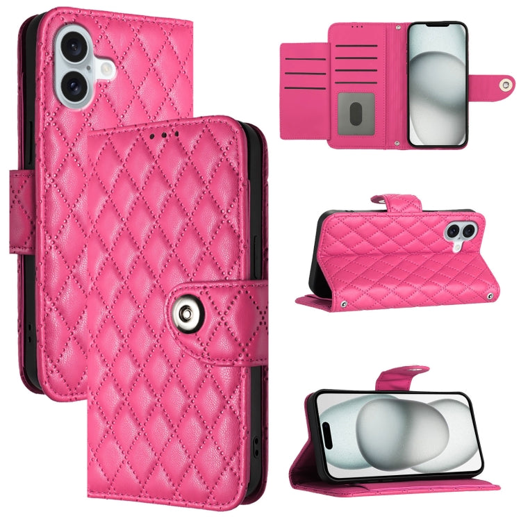 For iPhone 16 Plus Rhombic Texture Flip Leather Phone Case with Lanyard(Rose Red) - iPhone 16 Plus Cases by buy2fix | Online Shopping UK | buy2fix