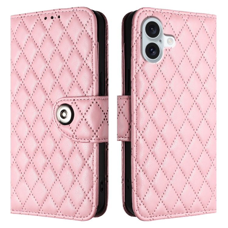 For iPhone 16 Plus Rhombic Texture Flip Leather Phone Case with Lanyard(Pink) - iPhone 16 Plus Cases by buy2fix | Online Shopping UK | buy2fix