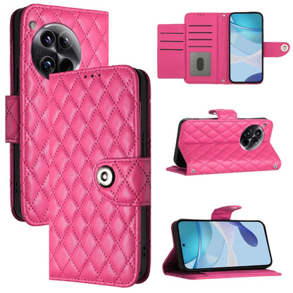 For OnePlus 12 5G Global Rhombic Texture Flip Leather Phone Case with Lanyard(Rose Red) - OnePlus Cases by buy2fix | Online Shopping UK | buy2fix