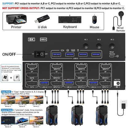 KC-KVM303DH 8K 60Hz USB3.0 DP+DP+HDMI Triple Monitors KVM Switch(US Plug) - Switch by buy2fix | Online Shopping UK | buy2fix