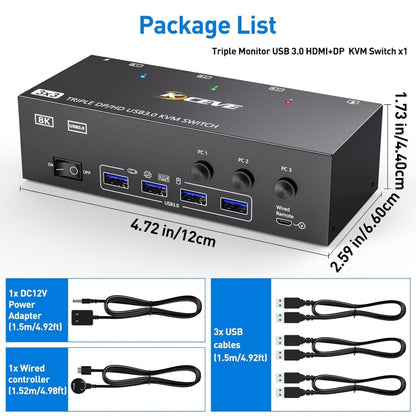 KC-KVM303DH 8K 60Hz USB3.0 DP+DP+HDMI Triple Monitors KVM Switch(EU Plug) - Switch by buy2fix | Online Shopping UK | buy2fix